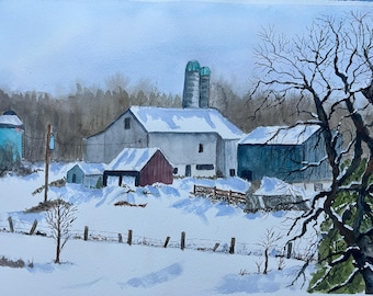 Winter Farmstead Watercolor Painting, Barns in Snow Watercolor Wall Art, Winter Farm Painting