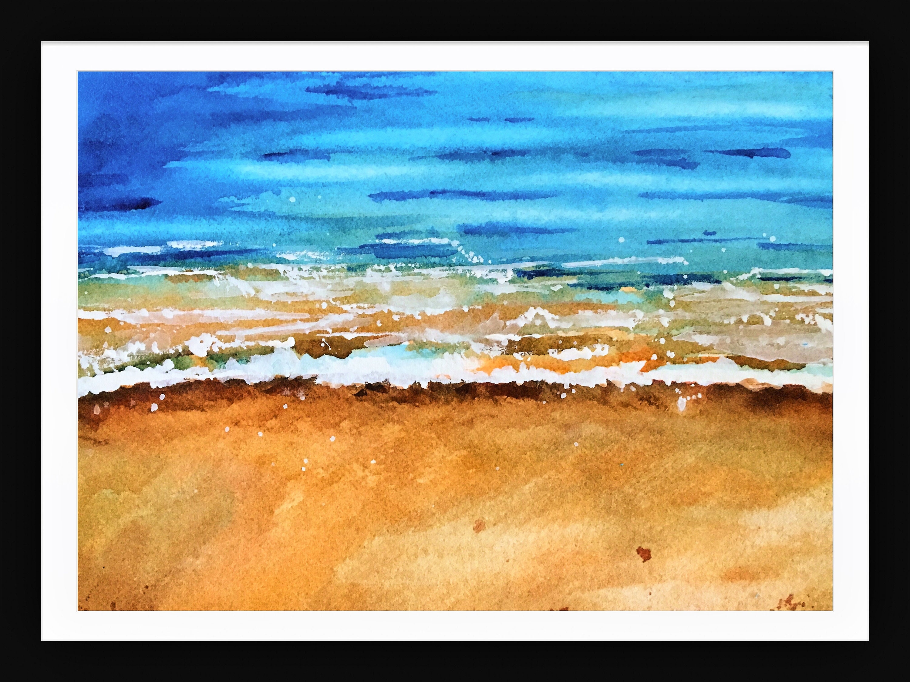 海の水彩画、夏のビーチの絵画 - Etsy 日本