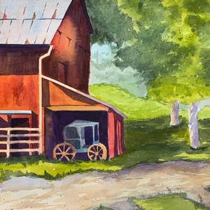 Summer Barn Watercolor Art, Red Barn Wall Decor, Farmhouse Wall Art
