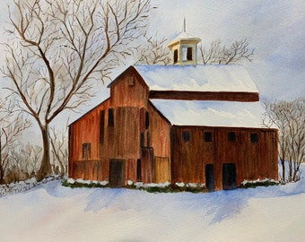 Original Winter Barn Watercolor, Winter-Themed Barn Wall Art, Barn Watercolor Wall Art