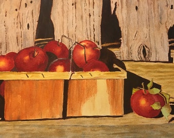 Charming Still Life with Fresh Apples Painting - Apple Still Life Painting, Watercolor Apple Still Life, Basket of Apples Painting