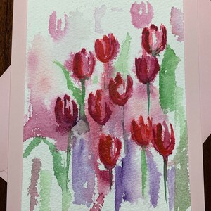 ORIGINELE TULPUNST, rode tulpen aquarel wenskaart, aquarel tulp kunstkaart, lege bloemen notitiekaart