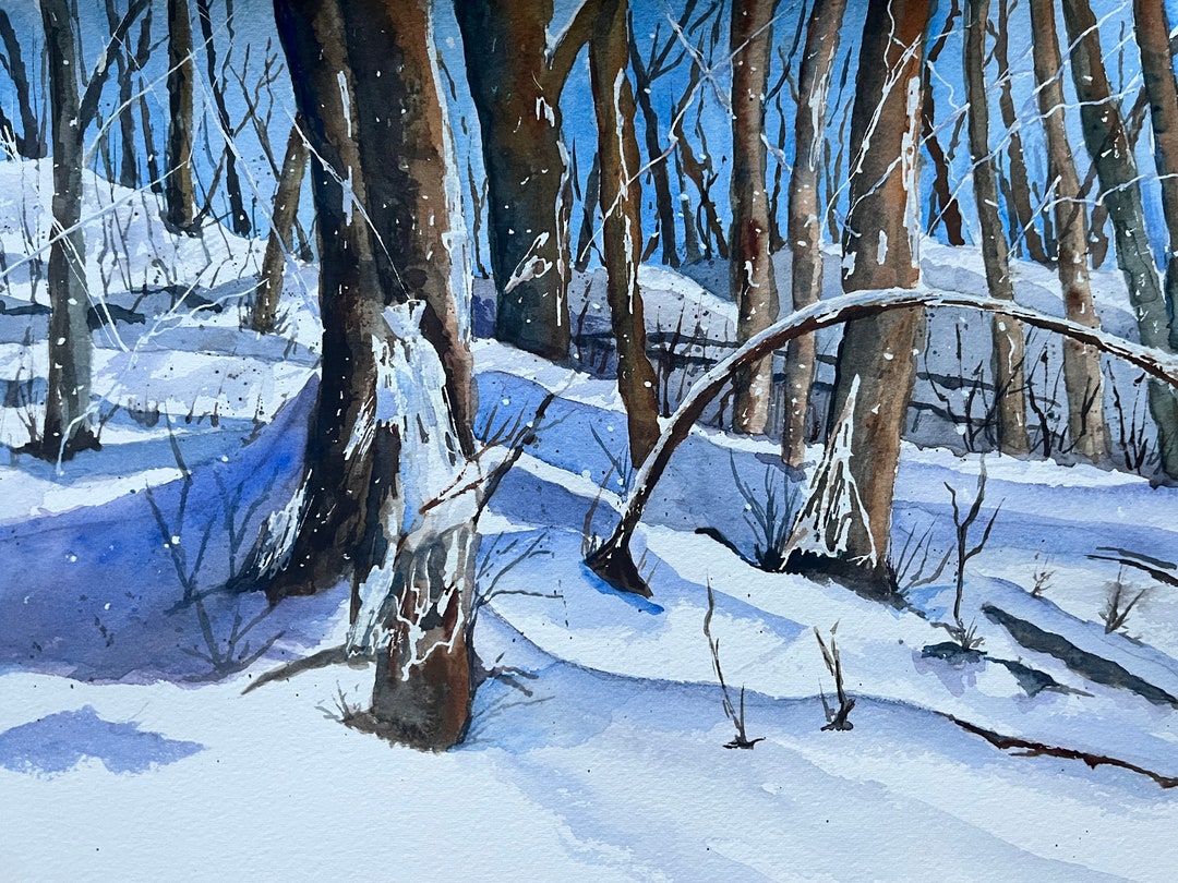 Winter Forest Watercolor Wall Art, Snowy Forest Landscape Painting ...
