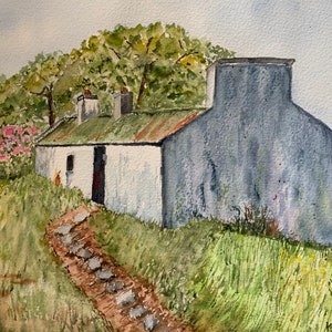 Irish Landscape Painting, Irish Cottage Watercolor, Landscape Watercolor Art, Wall Art