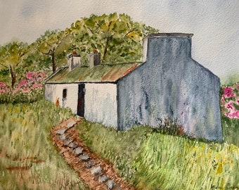 Irish Landscape Painting, Irish Cottage Watercolor, Landscape Watercolor Art, Wall Art