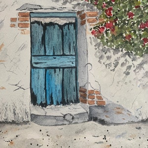 Ancient Blue Door Watercolor, Old Door Wall Art, Original Old Door Watercolor
