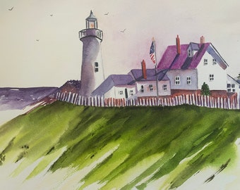 灯台オリジナル絵画水彩画、灯台の絵画、水彩画灯台、Pinetreeart