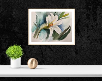 手描きの白いユリの水彩画、白い花の壁アート、白いユリの絵画 - Etsy 日本