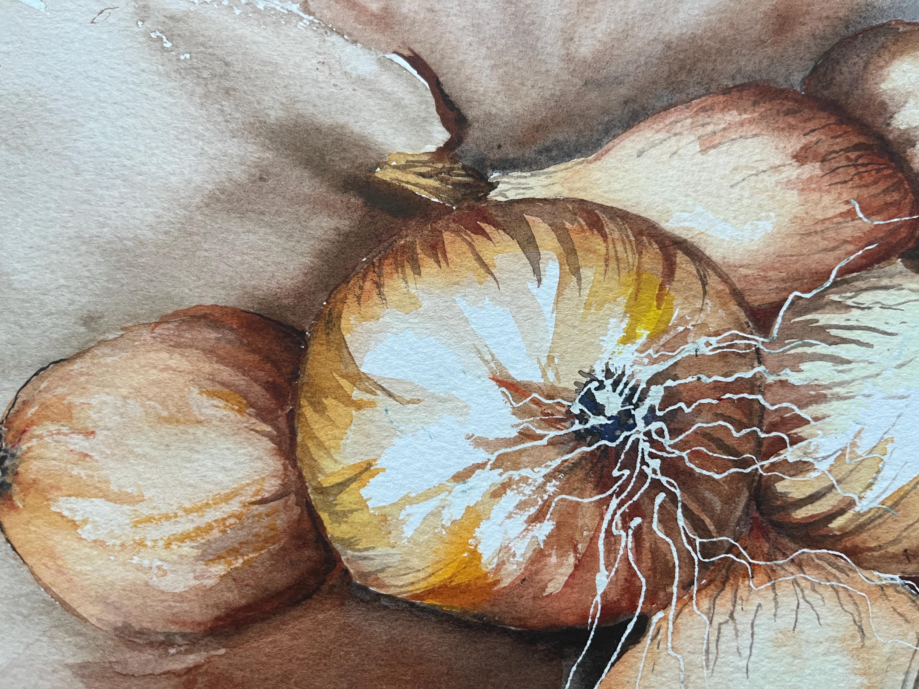 オリジナルの玉ねぎの静物画の水彩画、キッチンの水彩画、野菜の静物画