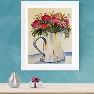 Art mural floral rouge, peinture florale aquarelle, fleurs dans un pichet d&#39;art mural