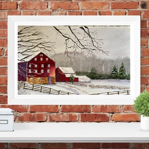 Winter Rural Landscape Watercolor Art, Original Red Barn Wall Art, Original Barn Scene Watercolor image 2