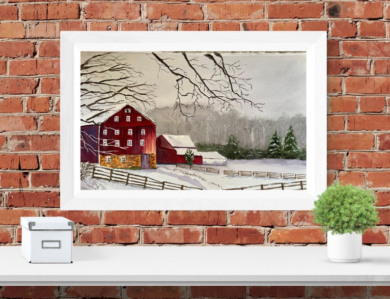 Winter Rural Landscape Watercolor Art, Original Red Barn Wall Art, Original Barn Scene Watercolor image 2