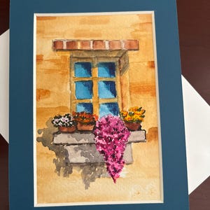 Tarjeta de felicitación con ventana pintada a mano y flores, tarjeta de acuarela original con ventana