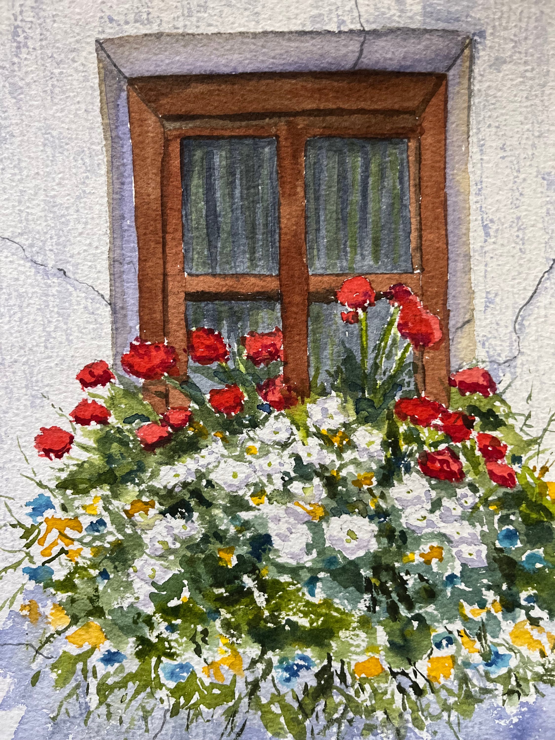 オリジナルの窓の花の水彩画、水彩画の花の壁画、窓と花の絵画 - Etsy 日本
