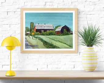Rural Farm Scene Watercolor, Red Barn Wall Art, Summer Farm Scene Watercolor Painting