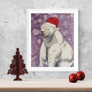 Christmas Polar Bear Wall Art, Holiday Polar Bear Watercolor, Holiday Wall Art