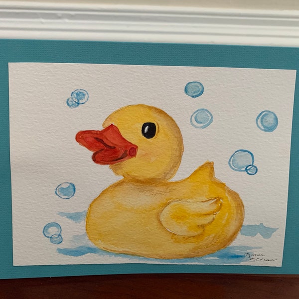 Rubber Ducky Watercolor Card, Kid's 1st Birthday Card, Hand Painted Baby Shower Card