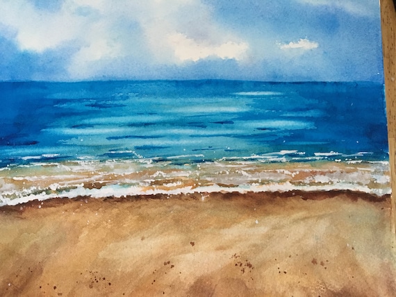 海の水彩画、夏のビーチの絵画 - Etsy 日本