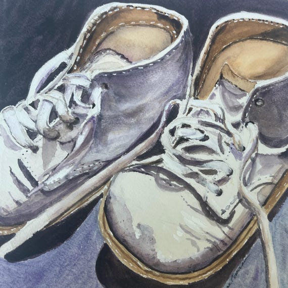 Watercolor Painting of White Baby Shoes, First Steps Baby Shoes