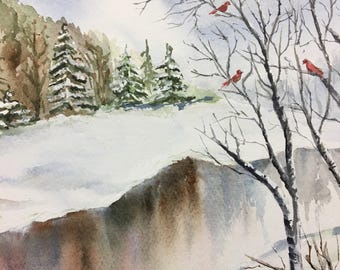 Winter watercolor landscape, Watercolor snow scene, Winter wall art, Birthday gift