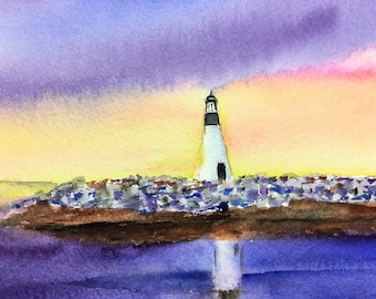Lighthouse painting, Watercolor sunset coastal wall art, Lighthouse home decor,