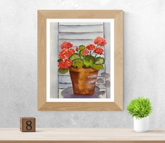 赤いゼラニウムの水彩画、ゼラニウムの壁画、赤い花の水彩画 - Etsy 日本