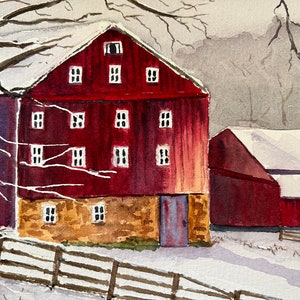 Winter Rural Landscape Watercolor Art, Original Red Barn Wall Art, Original Barn Scene Watercolor image 3