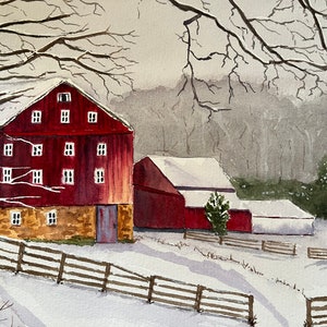 Winter Rural Landscape Watercolor Art, Original Red Barn Wall Art, Original Barn Scene Watercolor image 10