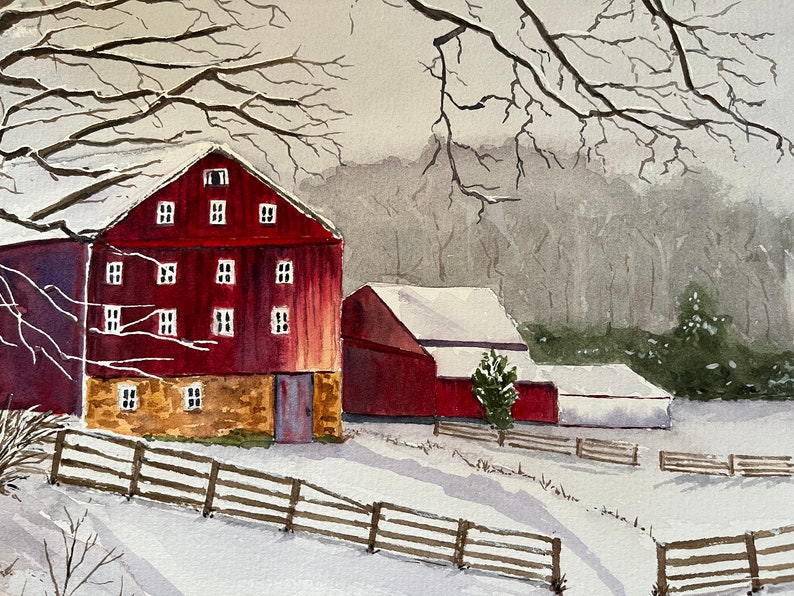 Winter Rural Landscape Watercolor Art, Original Red Barn Wall Art, Original Barn Scene Watercolor image 10