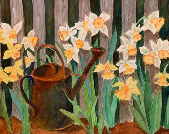 Watercolor Painting of Daffodils, Garden of Daffodils Wall Art, Yellow Floral Wall Art