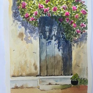 Blue Door and Vibrant Bougainvillea Watercolor Art - Charming Doorway: Bougainvillea Blooms Watercolor Wall Decor - Blue Door Watercolor