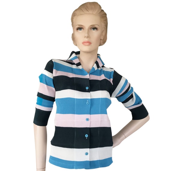 1990s ISSEY MIYAKE Top Blouse Striped Pleated M Designer Pleats