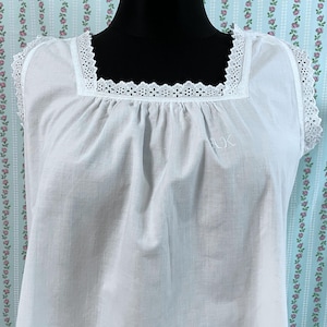 1910s Cotton nightgown square neckline with lace and monogram AK