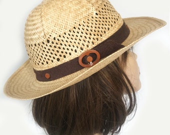 Sombrero de paja estilo safari con banda marrón, VINTAGE de los años 70.