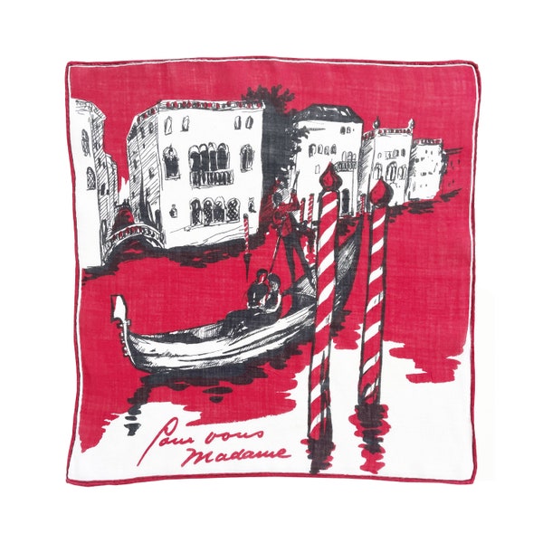 Hankie 11"sq lip stick hankie Venice gondola Italy VINTAGE 1960s Made in Switzerland dessin depose