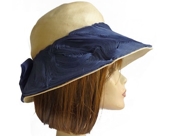 Straw hat with stunning ribbon decoration in navy FELIX LUGANO Switzerland VINTAGE 1970s Swiss made