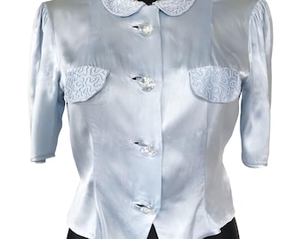 Blusa vintage de satén de seda azul claro de los años 30 – Talla M/L