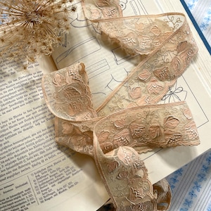 1 mètre de garniture de lingerie des années 30 en ruban saumon pâle, motif floral tulipe