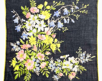 Vintage 1950s Schweizer Taschentuch: Blumenstrauss, aus schwarzem Batist