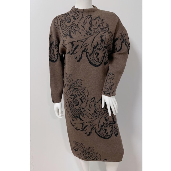 Balmain, Vintage Pierre Balmain Jacquard Knit Dress S/M Brown Black – 1990s Designer Wool Dress