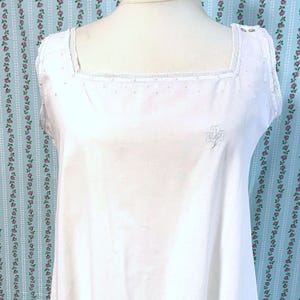 1910s Cotton nightgown square neckline with lace and monogram cloverleaf