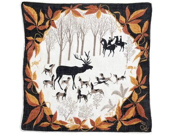 Hankie 11"sq VGC hunting scene in the woods VINTAGE 1960s Switzerland