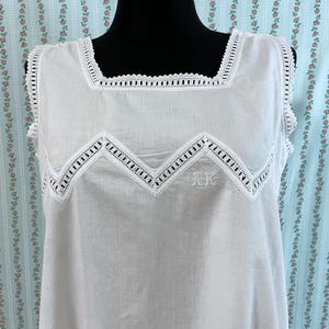 1910s Cotton nightgown with lace and monogram zig zag