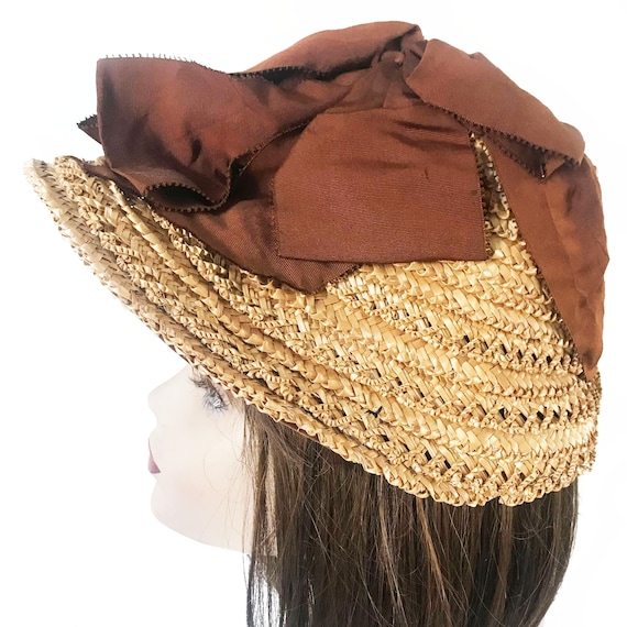 Vintage Straw Sun Hat with Brown Ribbon Open Crown Straw Boater Hat Vintage 1940s Brown Grosgrain  main image 4