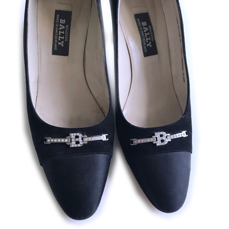 Pumps black suede satin rhinestones BALLY vintage 1990s EU size 38.5 image 3