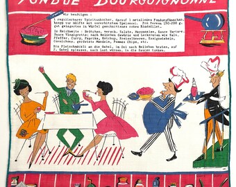 Recipe hankie 11.5"sq Fondue bourguignonne Switzerland VINTAGE 1950s