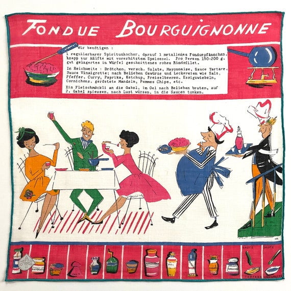 Recipe hankie 11.5"sq Fondue bourguignonne Switzerland VINTAGE 1950s