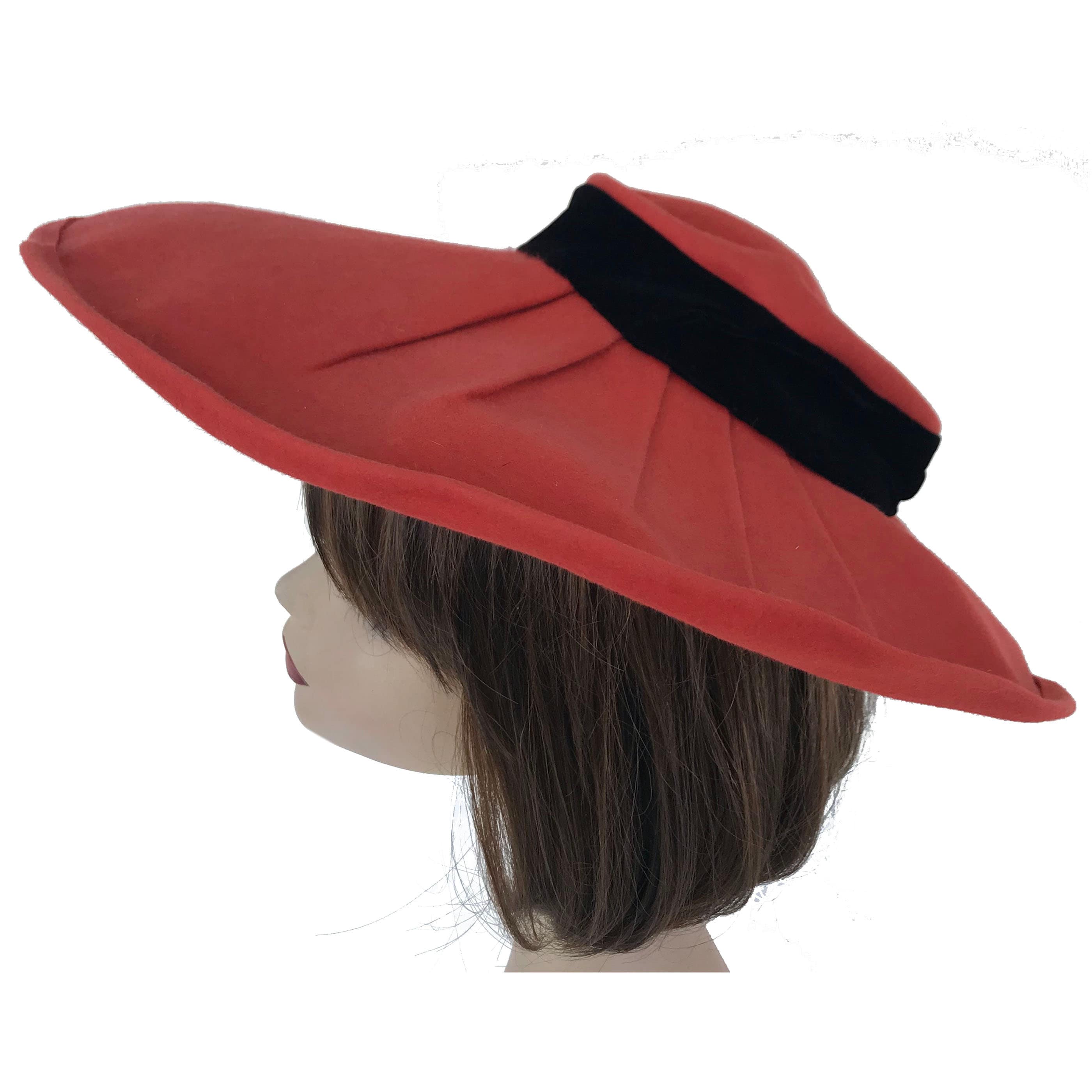 Red Felt Wide-Brim Hat with Black Velvet Band Scarlet Red Crushed Velvet Witch Hat: Hand Embroidered Cameo  main image 3
