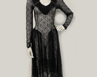1930s Black Lace Evening Dress – Sheer Art Deco Gown (Needs Repair)