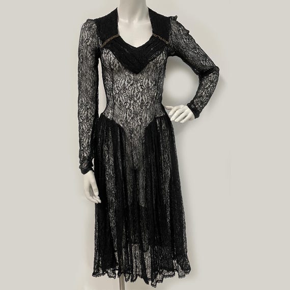 1930s Black Lace Evening Dress – Sheer Art Deco Gown (Needs Repair)